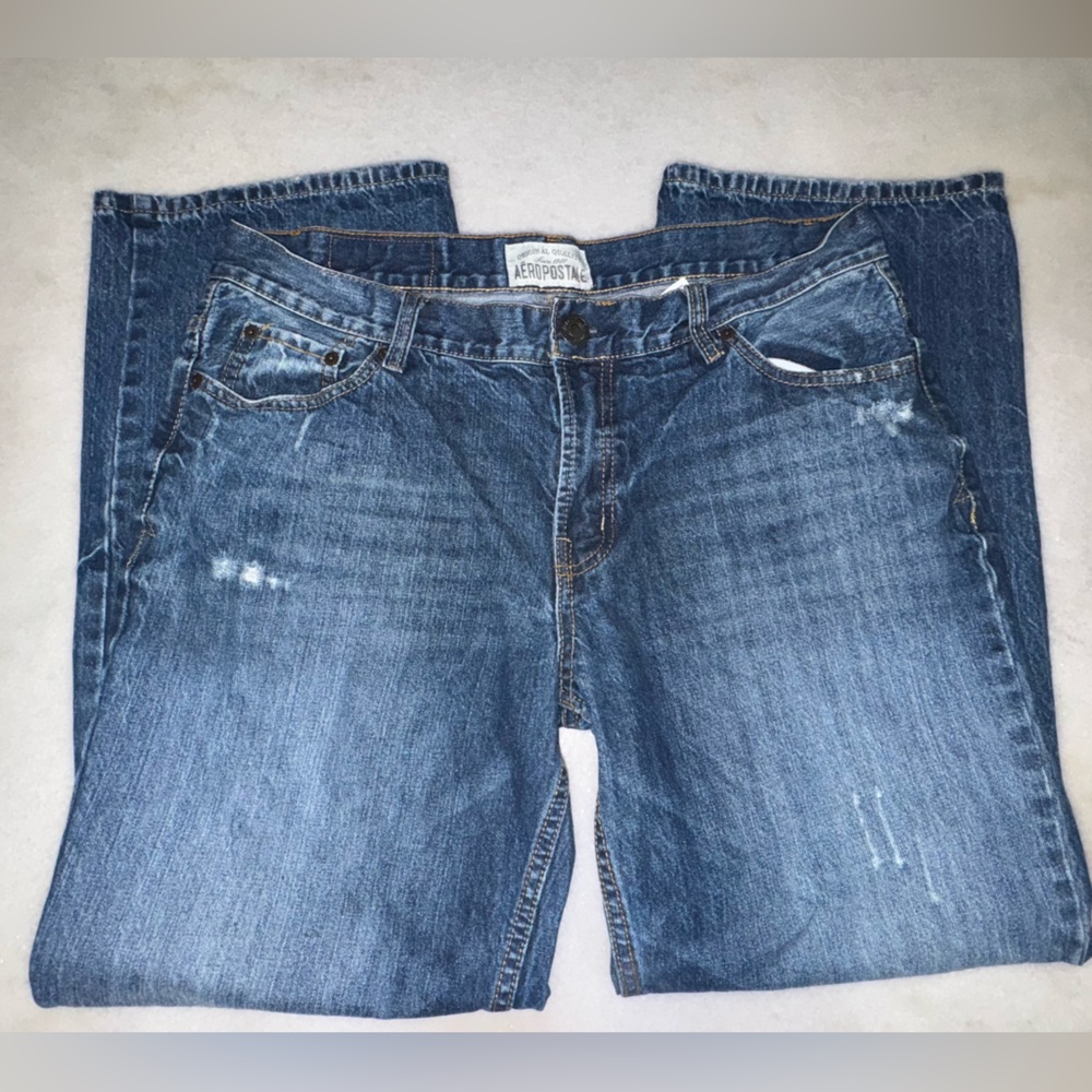 Aeropostale Men's Blue Bootcut Distressed Jeans Size 34